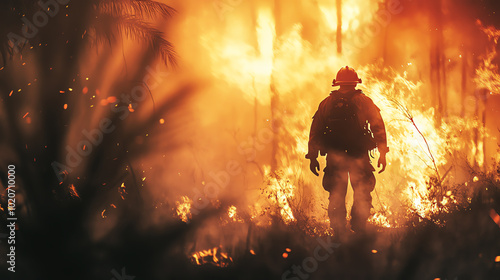 Firefighter confronting a raging wildfire, flames engulfing the forest, smoke billowing, capturing the intensity of firefighting efforts in crisis. photo