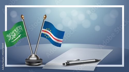 Saudi Arabia and Cape Verde Small national flag on bokeh background, cooperative relationship