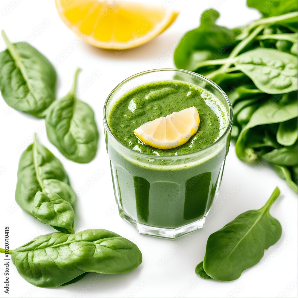 Fototapeta premium Green spinach smoothie with lemon. Detox, healthy diet. Vegetable drink.