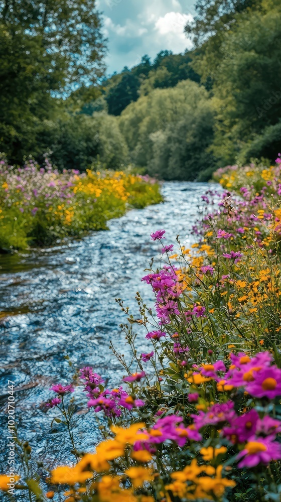 Fototapeta premium A serene river flows through vibrant wildflowers, creating a picturesque and tranquil natural landscape.
