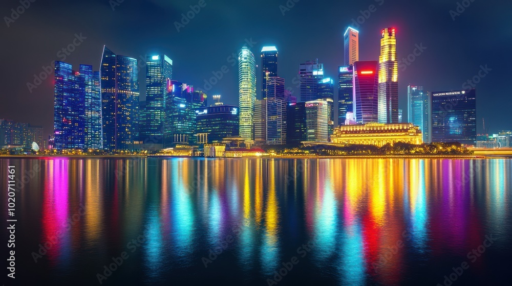 Illuminated Skyscrapers Reflecting in the Water at Night Illuminated Skyscrapers Reflecting in the Water at Night