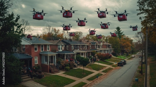 Delivery Drones Hovering Over Suburban Homes photo