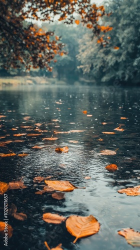 A serene water scene featuring autumn leaves floating on the surface with tranquil reflections in a foggy atmosphere.