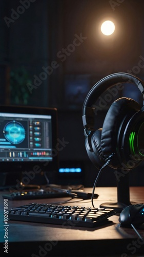 Graphics monitor and headset on a desk