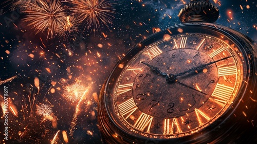 Close-up of clock with fireworks on New Year's Eve