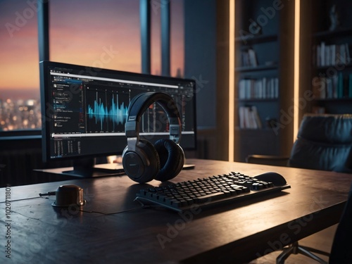 Graphics monitor and headset on a desk