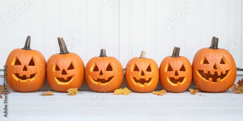 A row of carved Halloween pumpkins with cheerful faces, showcasing vibrant orange color and playful designs for festive decor. photo