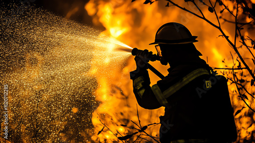 A firefighter battling a raging wildfire, showcasing bravery and dedication amidst powerful flames and smoke. photo