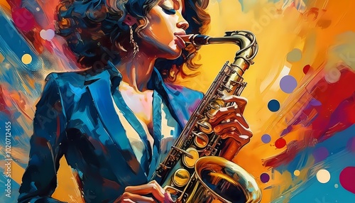 Vibrant painting of a beautiful woman playing the saxophone, set against a colorful abstract background, jazz music themed photo