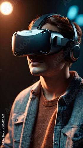 Gamer boy with futuristic virtual reality headset