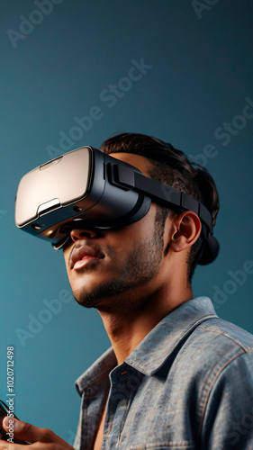 Gamer boy with futuristic virtual reality headset
