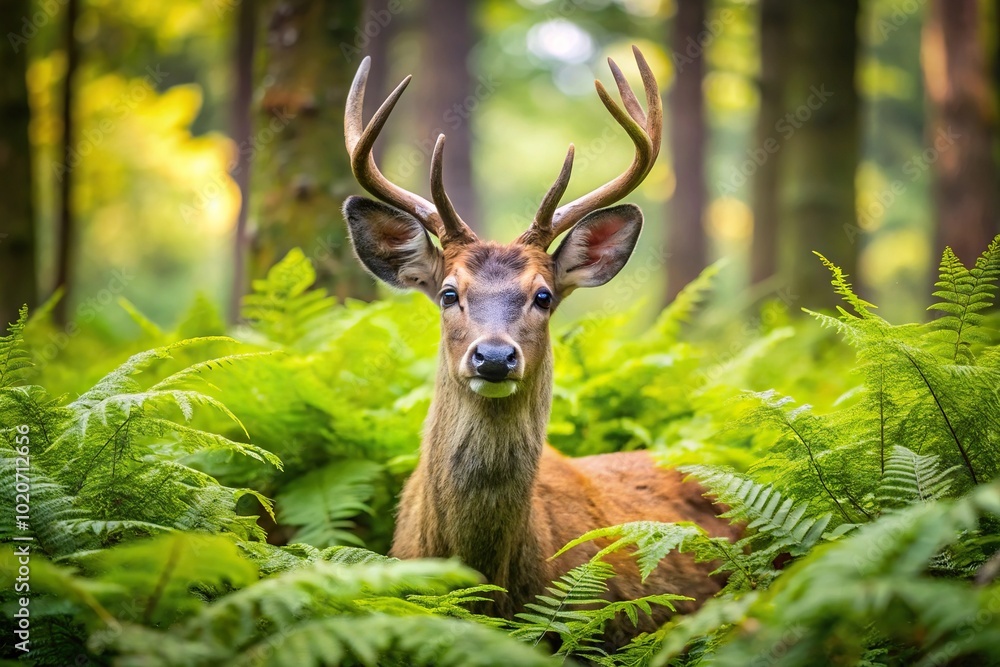 Forest landscape with wild deer and ferns in extreme close-up Forest landscape with wild deer and ferns in extreme close-up