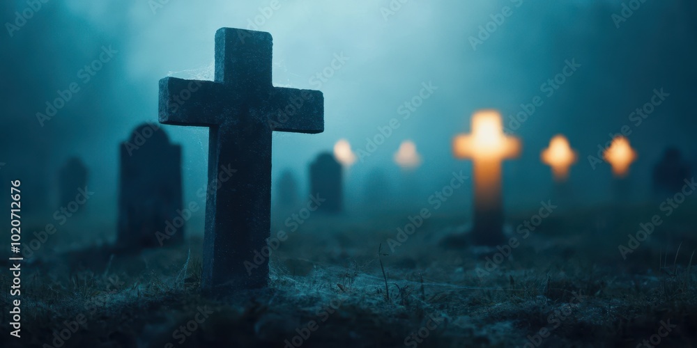 A serene graveyard scene shrouded in mist, featuring illuminated crosses and a hauntingly beautiful atmosphere. A serene graveyard scene shrouded in mist, featuring illuminated crosses and a hauntingly beautiful atmosphere.