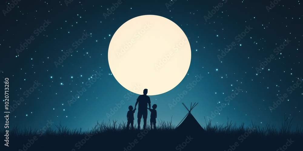 A serene silhouette of a family against a bright full moon, capturing a moment of togetherness in nature under starry skies. A serene silhouette of a family against a bright full moon, capturing a moment of togetherness in nature under starry skies.