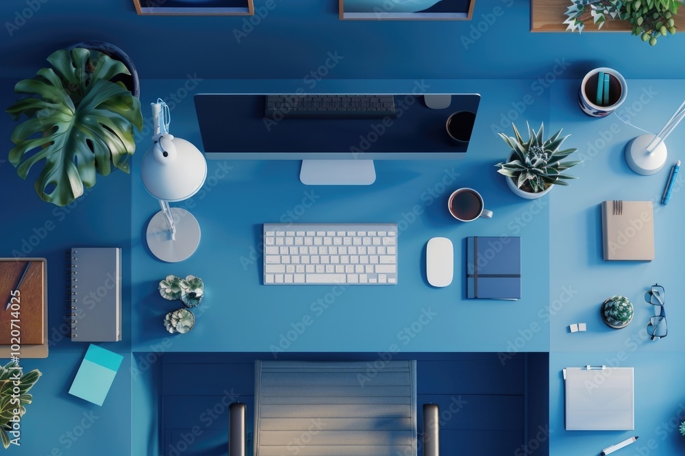 top view of a work corner in blue tones. top view of a work corner in blue tones.