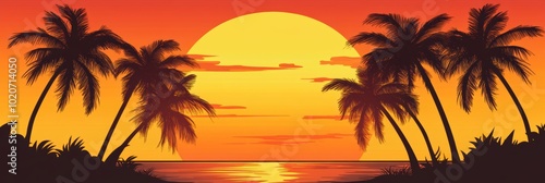 Tropical sunset, palm trees silhouetted, vibrant orange sky, serene atmosphere, warm hues, peaceful escape, nature's beauty