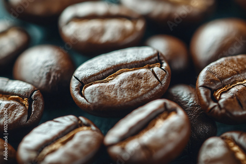 Closeup fresh roasted Arabian or aroma coffee beans background. Food pattern. Love organic coffee concept backdorp. Top view, flat lay with copy space for cafe advertising, package design photo