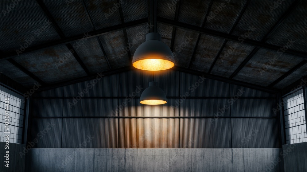 Illuminated industrial interior with concrete walls and hanging lamps Illuminated industrial interior with concrete walls and hanging lamps