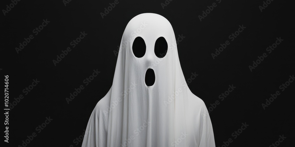 A spooky ghost figure draped in white fabric, with black eyes and mouth, set against a dark background, perfect for Halloween themes. A spooky ghost figure draped in white fabric, with black eyes and mouth, set against a dark background, perfect for Halloween themes.