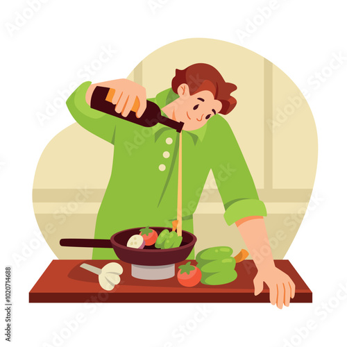 Man Cooking Vegetables at Home on Frying Pan Vector Illustration