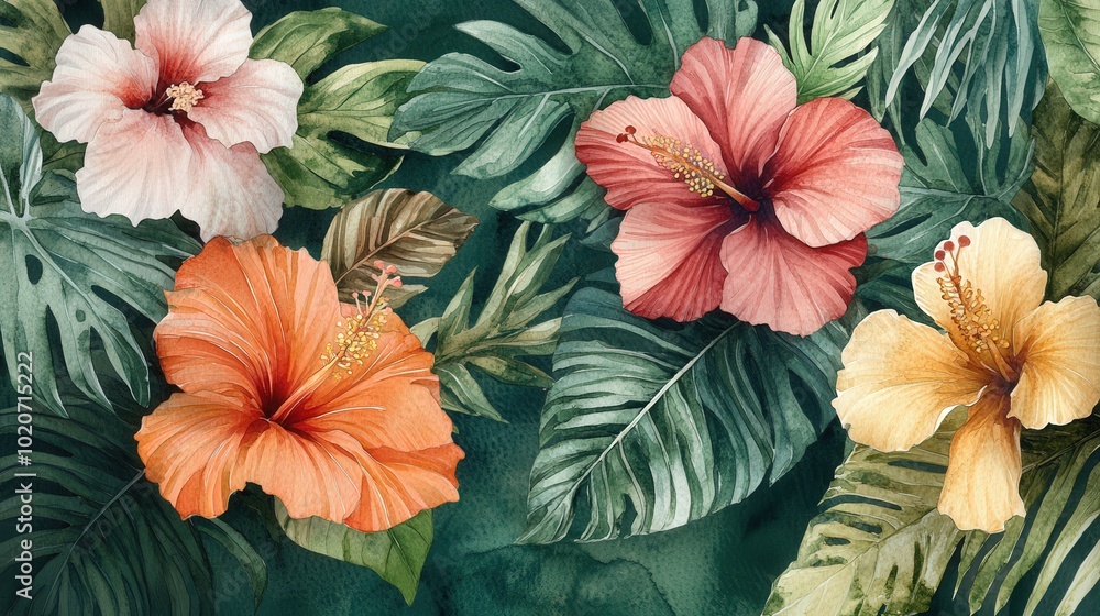 Colorful Hibiscus Flowers on Green Leaves Background Colorful Hibiscus Flowers on Green Leaves Background
