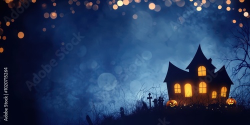 A spooky Halloween scene featuring a haunted house illuminated by warm lights against a dark night sky with glowing orbs.