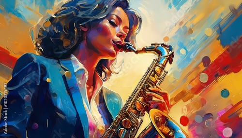 Vibrant painting of a beautiful woman playing the saxophone, set against a colorful abstract background, jazz music themed photo