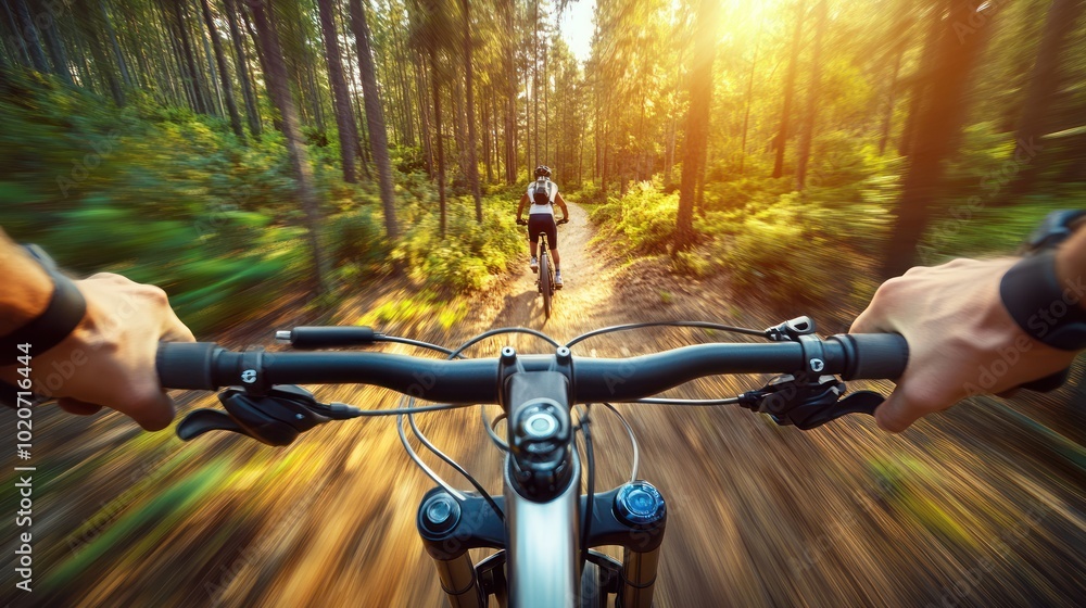 First-person view of a mountain biker riding through a forest First-person view of a mountain biker riding through a forest