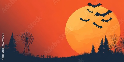 A spooky sunset silhouette featuring bats, a windmill, and dark trees against an orange sky, perfect for Halloween themes.