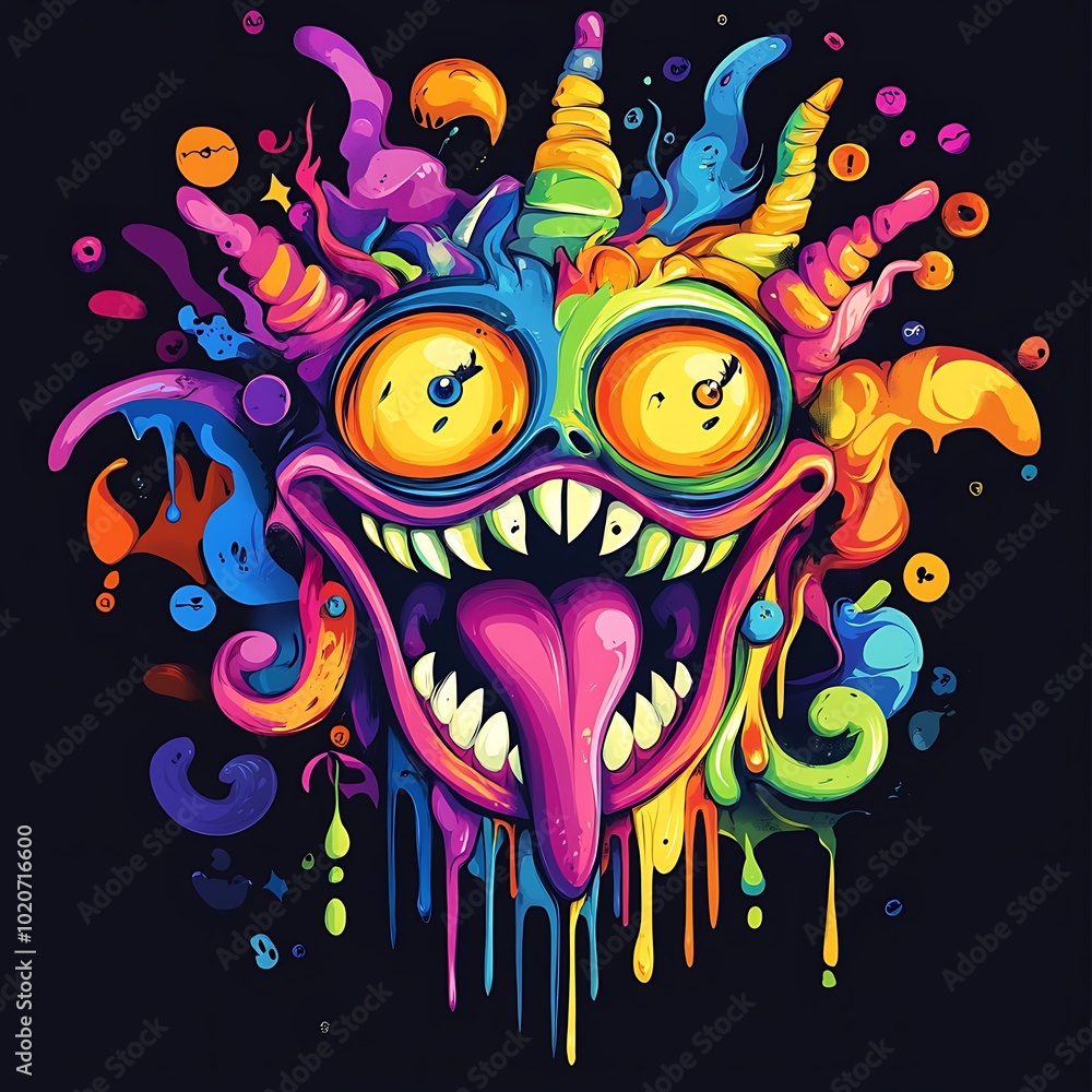 A colorful, cartoon monster with big eyes and a wide open mouth, surrounded by dripping paint and swirls. A colorful, cartoon monster with big eyes and a wide open mouth, surrounded by dripping paint and swirls.