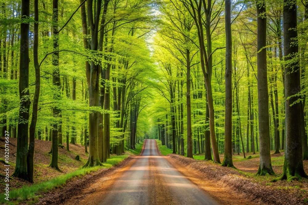 Fototapeta premium Forest road through beech forest in early spring