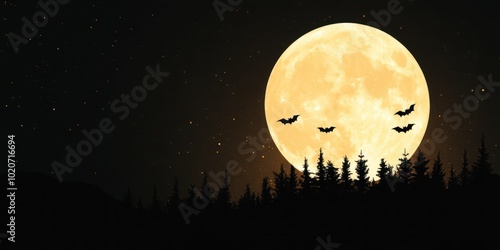 A stunning full moon illuminated above a dark forest, silhouetting bats in flight against a clear starry night sky.