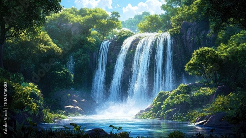 Lush Green Forest Waterfall and Pool