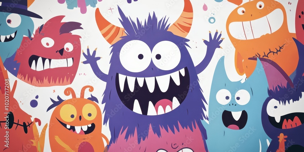 Naklejka premium A vibrant and colorful illustration of playful monsters with various expressions, perfect for children's design projects.