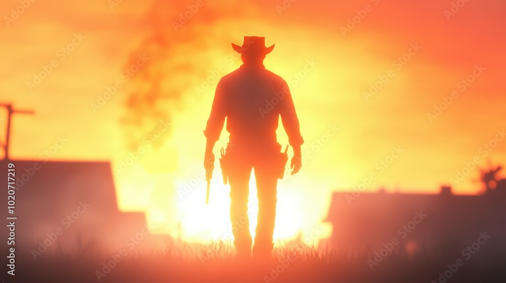 silhouette of a cowboy walking into the sunset silhouette of a cowboy walking into the sunset