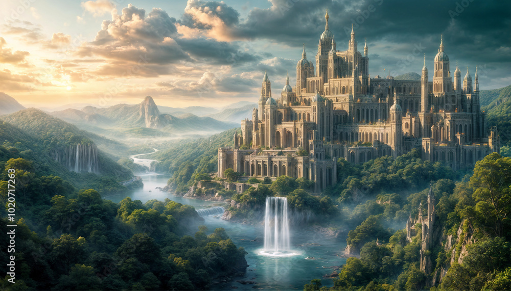Fototapeta premium Magical city. In the mountain forest, a large and majestic castle proudly rises, surrounded by tall trees and wild nature