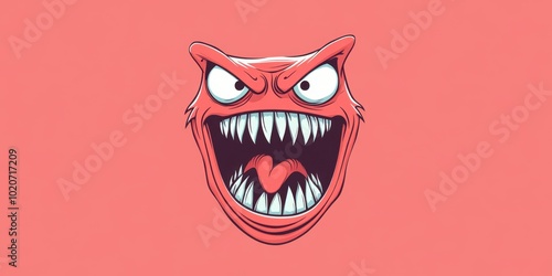 A vibrant and fierce monster face illustration with sharp teeth and an expressive, angry demeanor on a pink background.