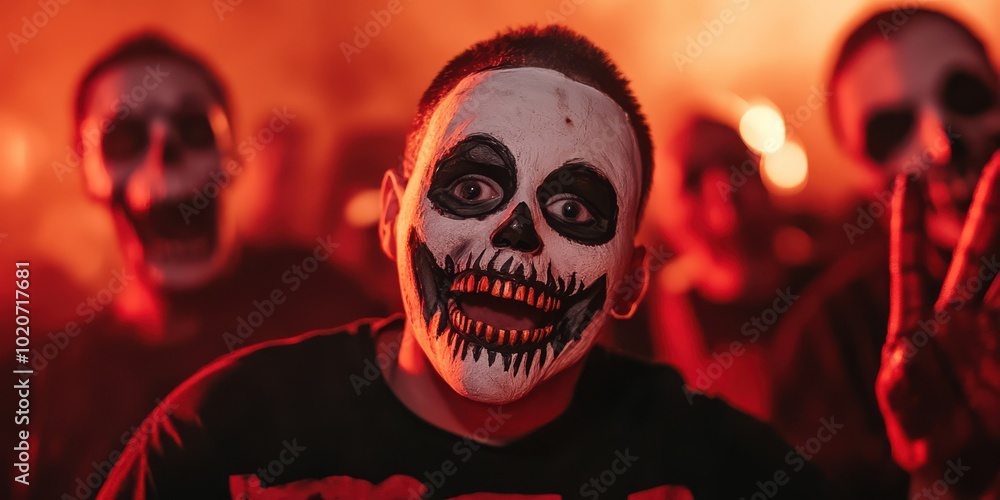 A vibrant scene featuring people in skull masks, celebrating with energy and excitement in a colorful setting. A vibrant scene featuring people in skull masks, celebrating with energy and excitement in a colorful setting.