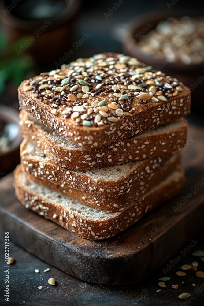 Delicious homemade bread slices topped with assorted seeds and grains Delicious homemade bread slices topped with assorted seeds and grains