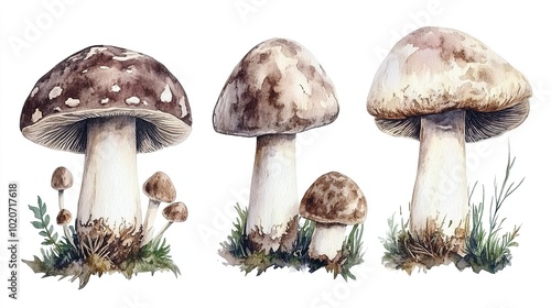 Hand drawn watercolor mushroom set collection. Watercolor mushrooms. Isolated mushrooms on white background.