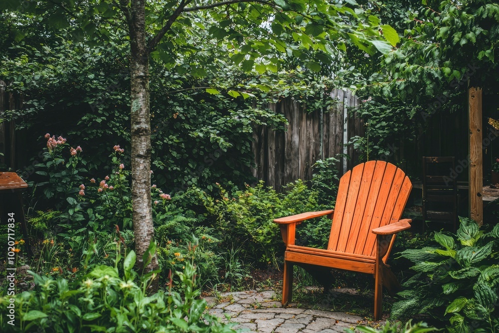 A Wooden Adirondack Chair in a Lush Garden Setting A Wooden Adirondack Chair in a Lush Garden Setting