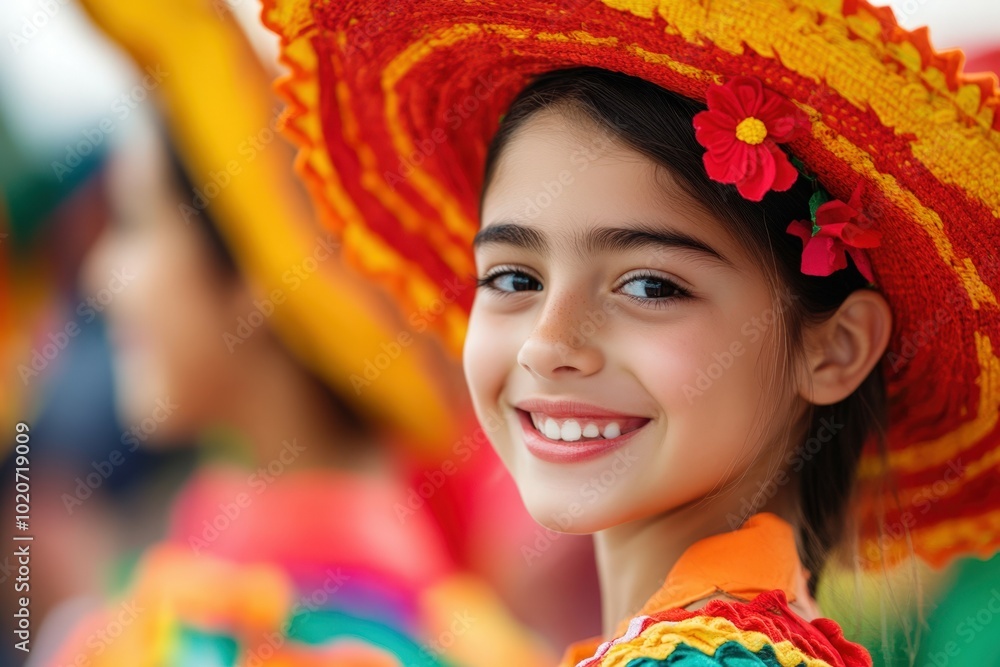 Fototapeta premium Smiling young girl with colorful traditional dress and flowers