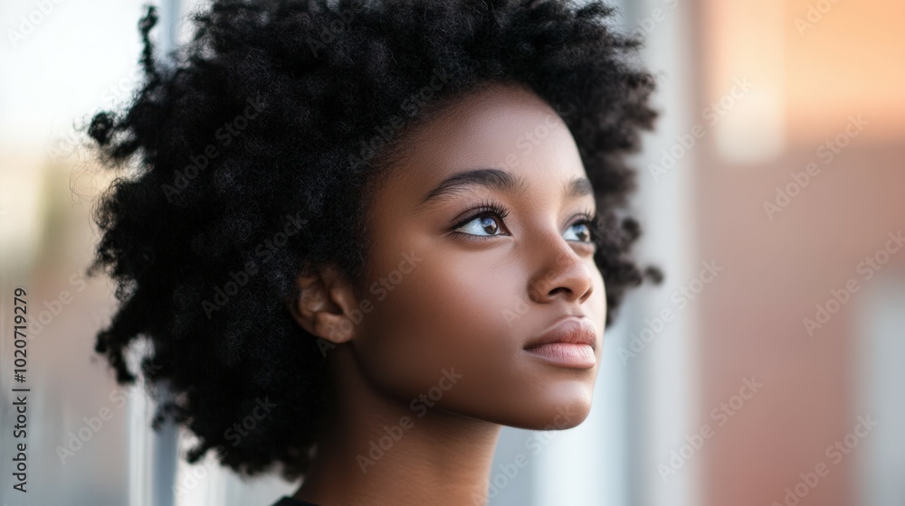 Thoughtful young woman with curly hair Thoughtful young woman with curly hair