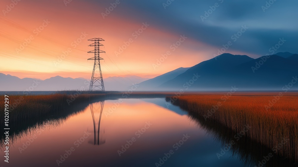 Serene mountain landscape with power line reflection Serene mountain landscape with power line reflection
