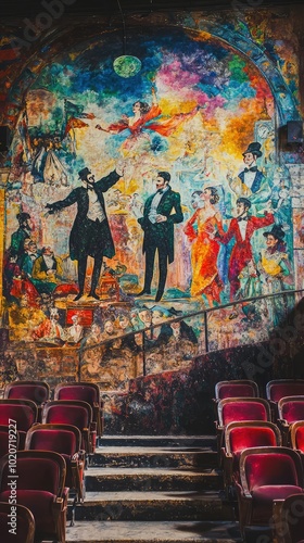 A vibrant mural showcasing dramatic scenes and colorful characters in a historic theater, inviting artistic appreciation. photo