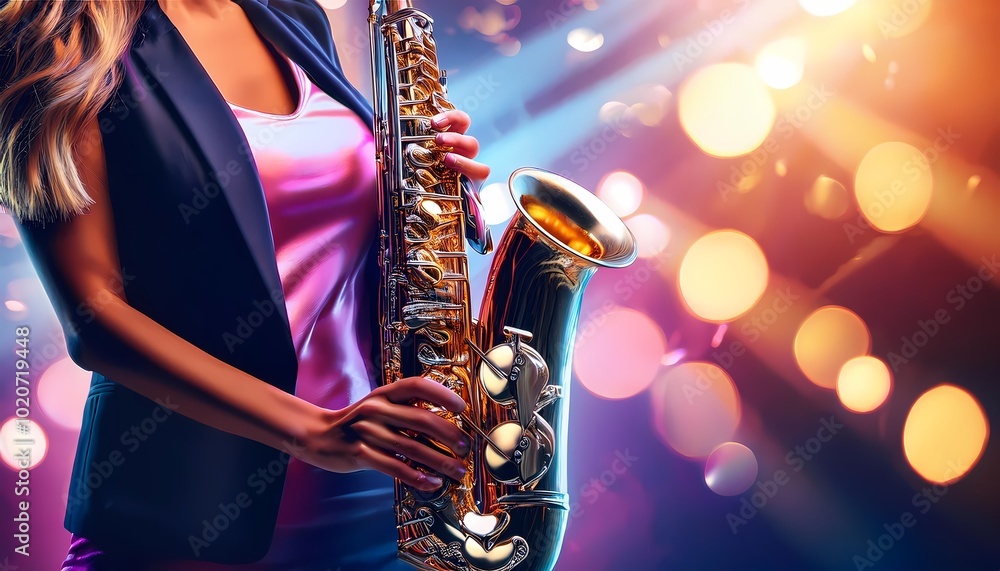 Obraz premium woman play saxophone player on stage with bokeh blur background, jazz music theme