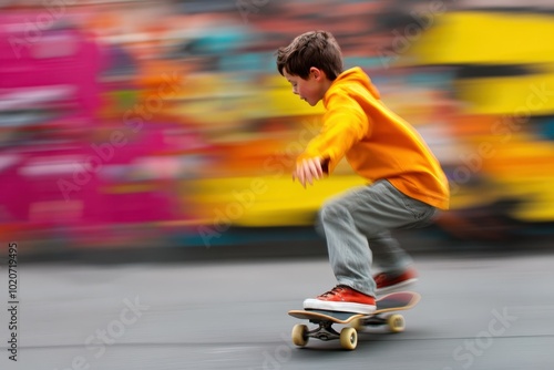 boy riding skateboard through colorful background