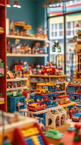 A vibrant toy store filled with colorful toys, playsets, and figurines, creating a joyful atmosphere for children and families.