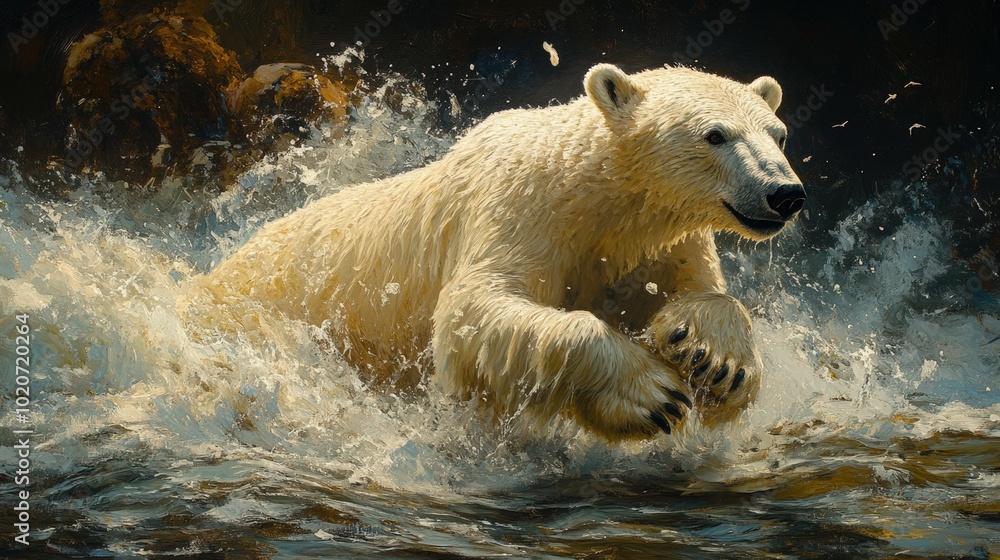 Fototapeta premium Powerful polar bear splashing through icy water