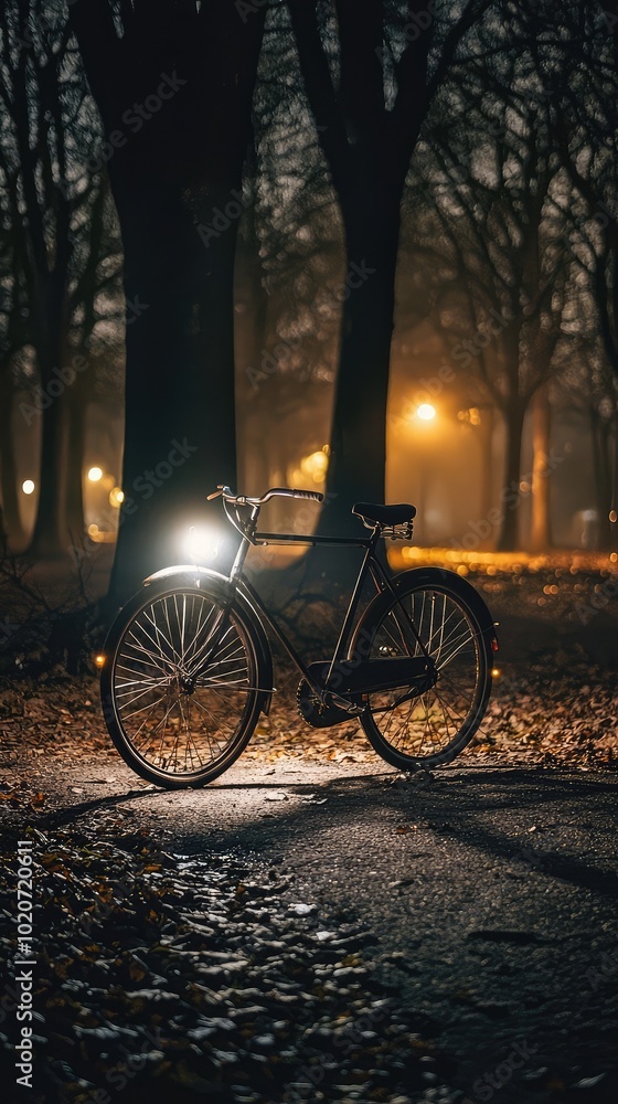 Fototapeta premium A vintage bicycle illuminated at night surrounded by trees and fallen leaves, capturing a serene autumn ambiance.